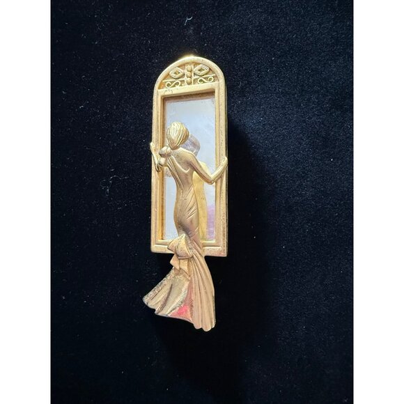 Vintage Gold-Tone Lady Figurine Brooch With Mirror By Cazic - Picture 4 of 5